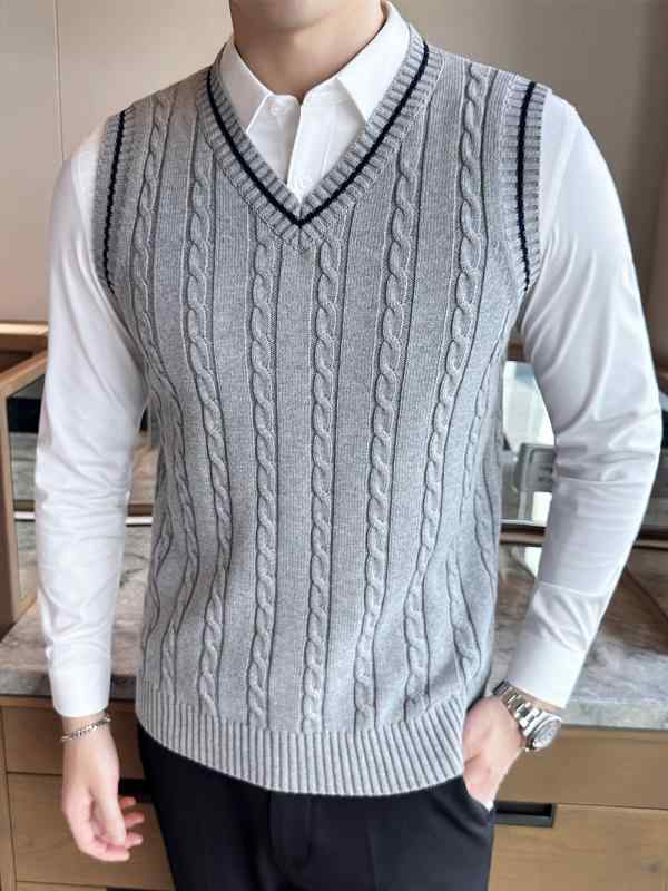 ニットベスト メンズ Vネック ノースリーブ 秋冬 スクール風 カレッジ風 韓国風 厚手 綿 コットン カジ..