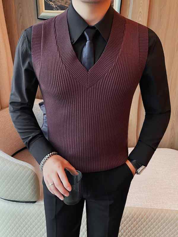 ニット メンズ Vネック ノースリーブ ベスト ジレ セーター 秋 冬 プルオーバー スリムフィット 伸縮性 ストレッチ 再生繊維 カジュア..