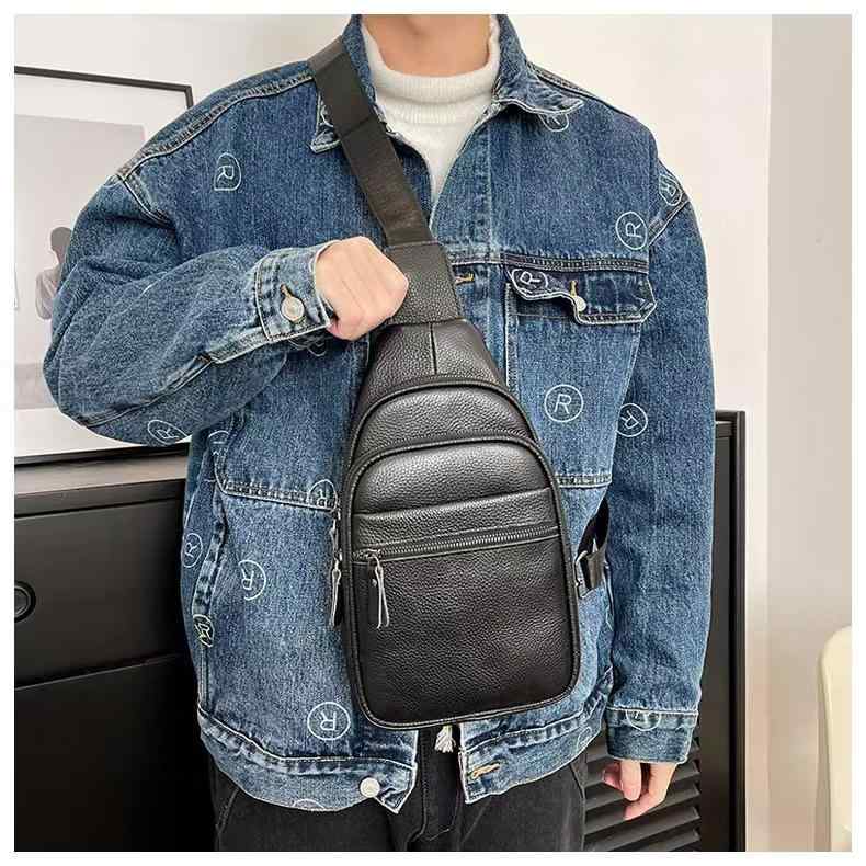 ボディバッグ メンズ 牛革 本革 トップグレインレザー 高級感 斜め掛け ワンショルダー ビジネス 通勤 ショルダーバッグ 耐摩耗 黒(4)