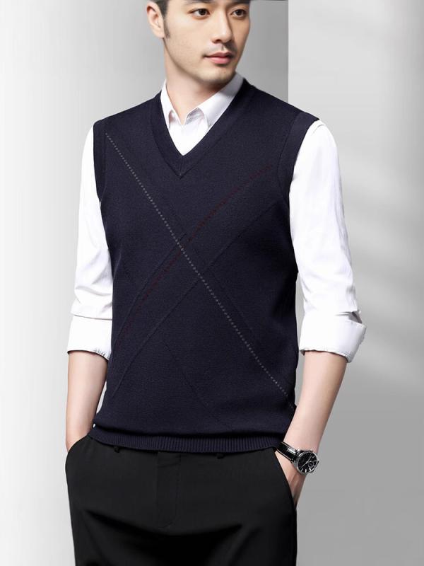 ベスト メンズ ストライプ柄 ジャガード Vネック ニット ジレ 秋 冬 ゆったり ルーズフィット 中厚手 ラビットファー 普段使い カジュアル おしゃれ シンプル ブルー系 グレー カーキ