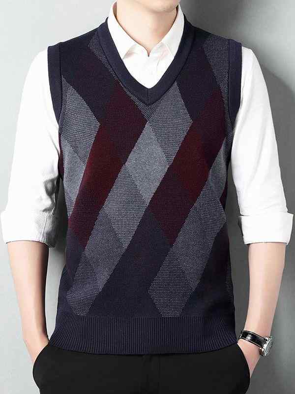 ベスト 男性用 中高年 シニア パパ服 Vネック ノースリーブ ウール混 ニット セーター ジレ チェック柄..