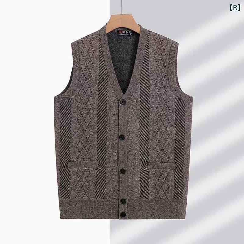ベスト メンズ 中高年 男性 秋冬 ジャカード柄 ニットベスト Vネック カーディガン ウール混 セーター ジレ チョッキ ゆったり ルーズフィット シングルボタン カジュアル ビジネス 通勤 普段使い トップス ワインレッド カーキ ダークグレー