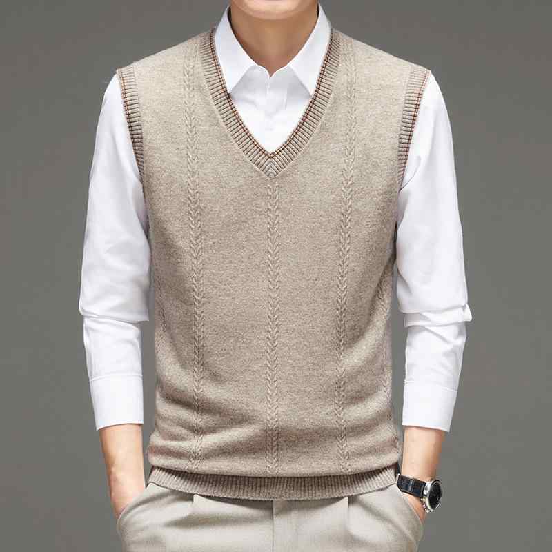 ベスト メンズ ウール ウール Vネック ノースリーブ ニット ジレ ビジネス カジュアル 中年 普段使い ゆったり 厚手 保温 無地 黒 赤 ライトグレー
