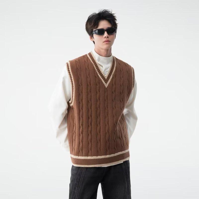 ニットベスト メンズ Vネック レトロ カレッジ風 ケーブル編み 配色 ゆったり ルーズ オーバーサイズ ..