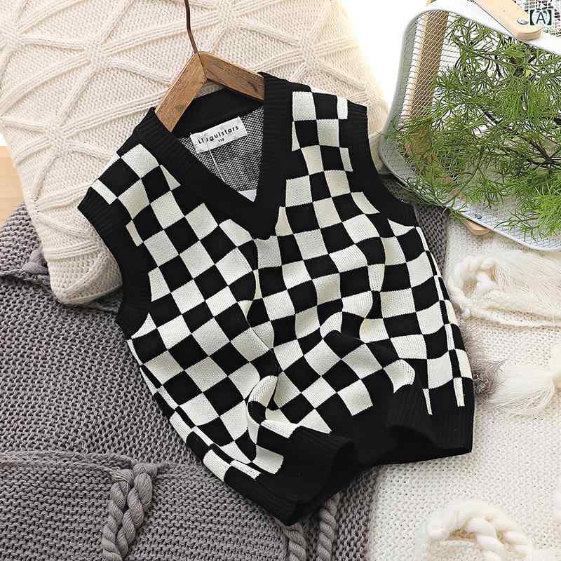 ニットベスト キッズ Vネック 市松模様 綿 コットン 薄手 柔らかな肌触り 定番 カジュアル おしゃれ 着..