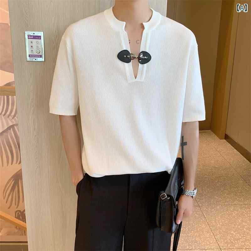 Tシャツ メンズ Vネック 半袖 五分袖 接触冷感 ニット 韓国風 原宿系 無地 ゆったり カジュアル 着回し..