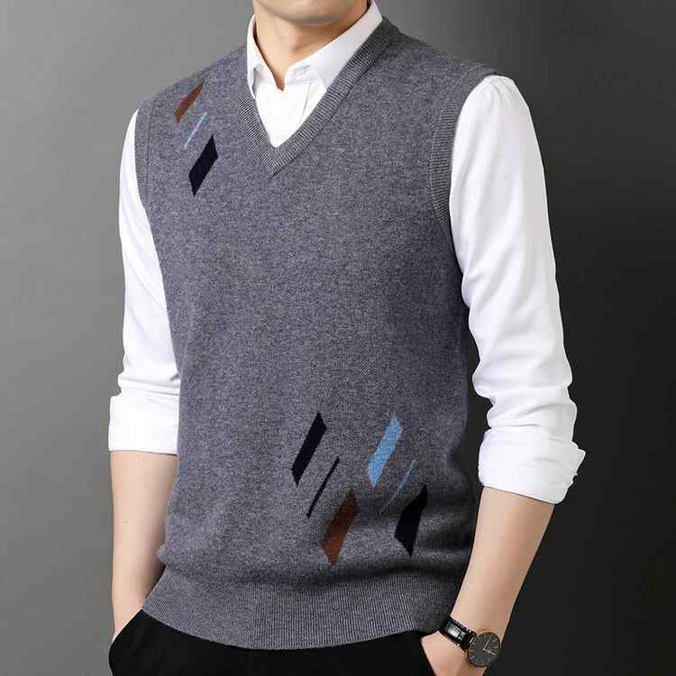 ニットベスト メンズ 男性用 Vネック ストライプ 厚手 ウール ウール ノースリーブ ジレ セーター トップス カジュアル ビジネス オフィス 通勤 秋 グレー ブラウン ネイビー