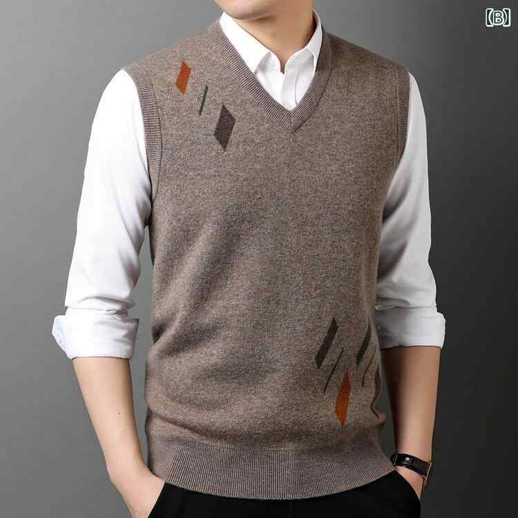 ニットベスト メンズ 男性用 Vネック ストライプ 厚手 ウール ウール ノースリーブ ジレ セーター トップス カジュアル ビジネス オフィス 通勤 秋 グレー ブラウン ネイビー