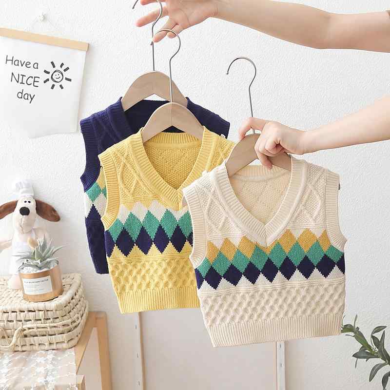 ニットベスト 男の子 ベビー Vネック ノースリーブ プルオーバー レトロ ストライプ柄 おしゃれ かわいい 薄手 幼児 園児 秋 冬 カジュアル お出かけ アイボリー ネイビー イエロー