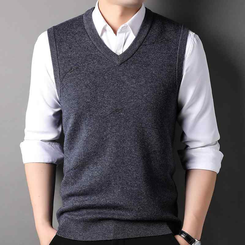 ベスト メンズ 男性用 厚手 純ウール ウール ジレ Vネック ニットセーター ノースリーブ ミディアムグレー ダークグレー ディープグリーン 日常 通勤 ビジネス オフィス カジュアル 防寒 あったか 暖かい
