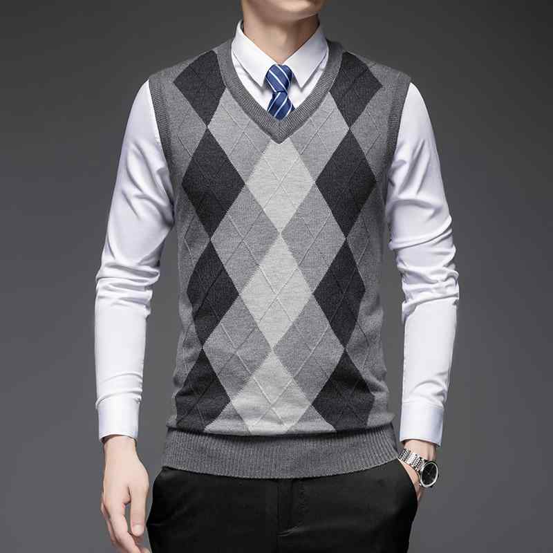 ベスト ジレ メンズ 秋冬 ウール ウール Vネック チェック柄 格子柄 スリムフィット 細身 カジュアル ..