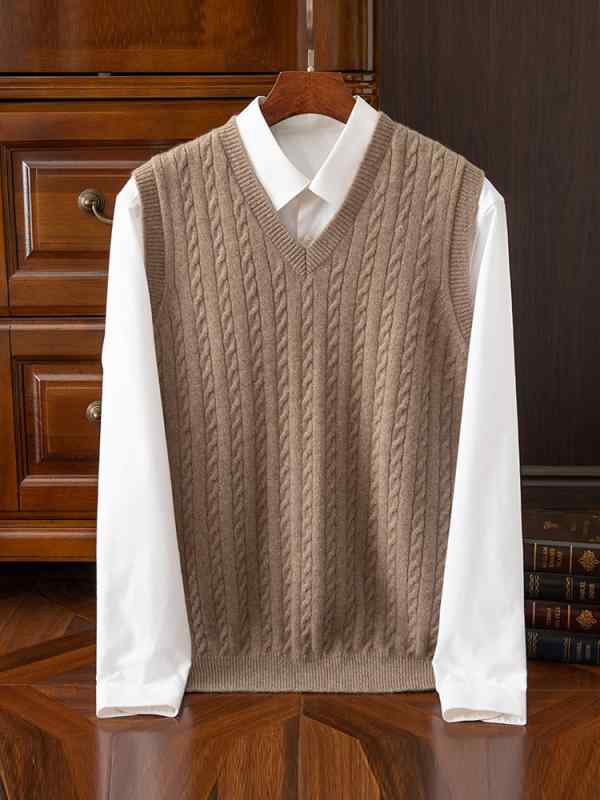 ニットベスト メンズ 中高年 プルオーバー Vネック ノースリーブ ケーブル編み アラン編み カシミヤ ピュアカシミヤ ビジネス オフィス 通勤 カジュアル 暖か 保温 ネイビー ライトグレー ライトキャメル
