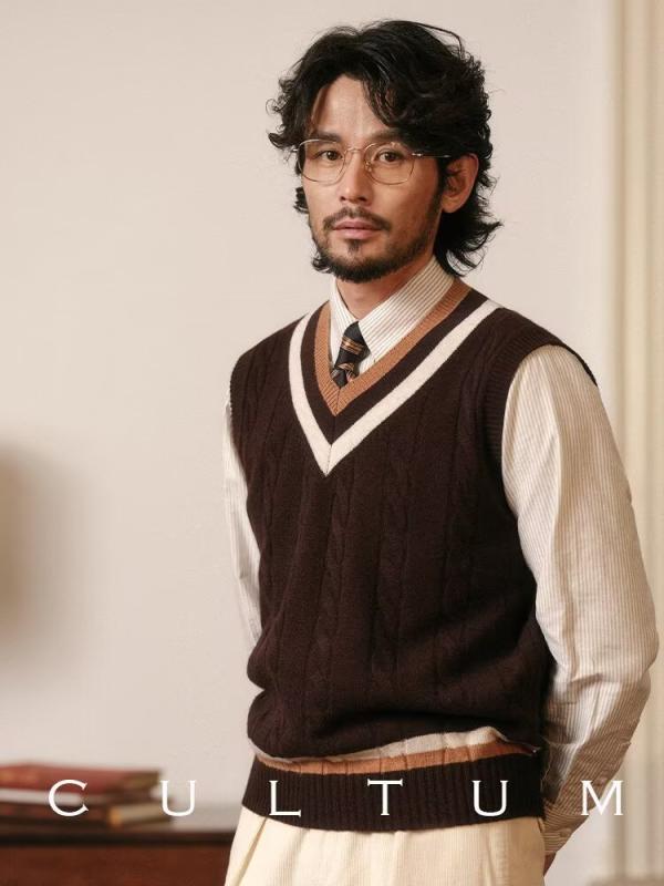 ニットベスト メンズ 男性用 Vネック 秋 冬 レトロ ヴィンテージ シンプル 配色 ゆったり ルーズ ビッ..