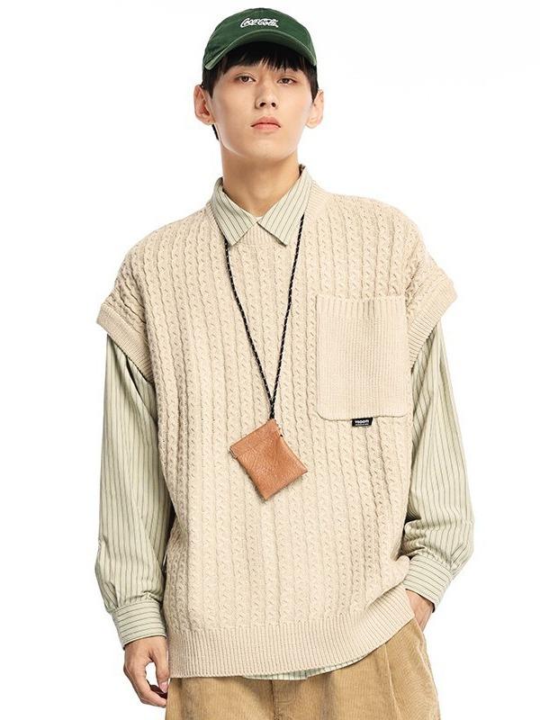 ニットベスト メンズ ジャパンデザイン レトロ ノースリーブ 春物 トレンド 万能 ラウンドネック ゆっ..