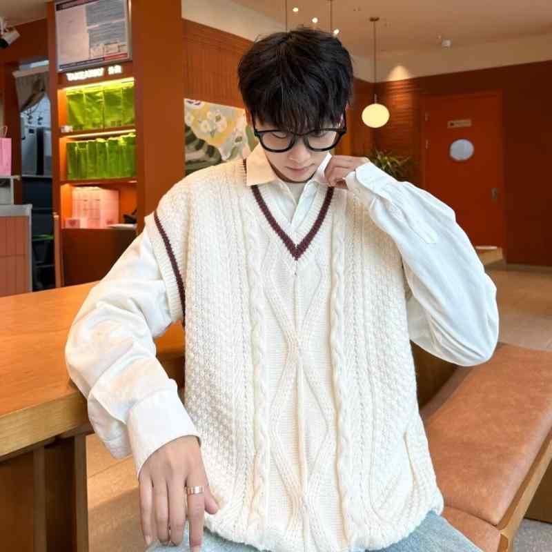 ニットベスト メンズ 男性用 秋冬 カジュアル トレンド バイカラー 配色 ケーブル編み アラン編み Vネ..
