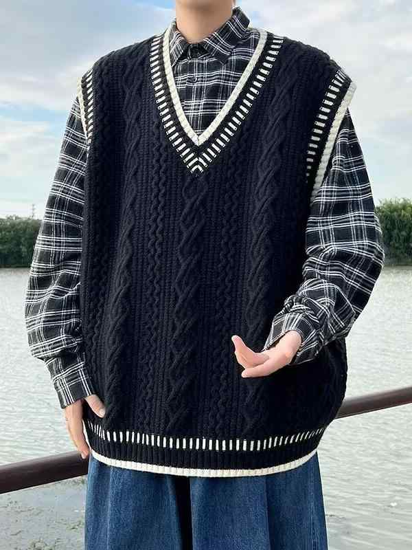 ニットベスト メンズ 学院風 ケーブル編み Vネック V首 オーバーサイズ カジュアル 普段使い 韓国 ファッション モカブラウン アプリコット 黒