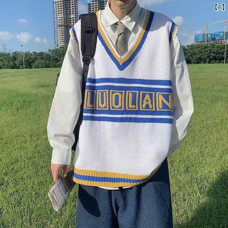 ベスト メンズ ノースリーブ Vネック ニット ジレ ゆったり オーバーサイズ プルオーバー 配色切り替え カラーブロック カジュアル 春秋 薄手 綿 ポリエステル 普段使い 重ね着 ホワイト ブラック