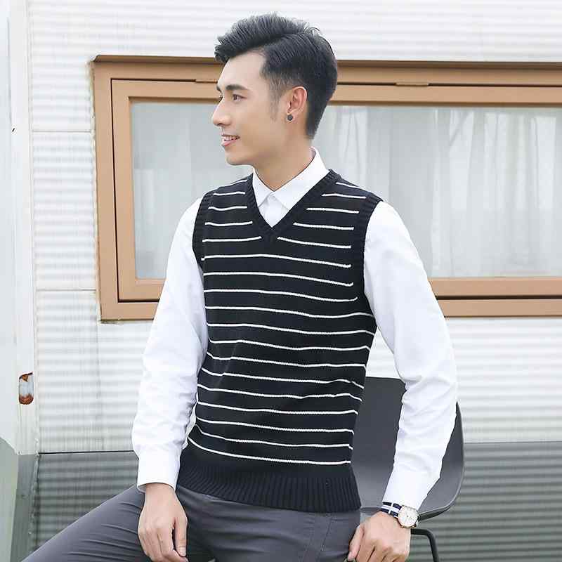 ニットベスト メンズ Vネック プルオーバー トップス 綿 ストライプ 配色 韓国風 ファッション トレン..