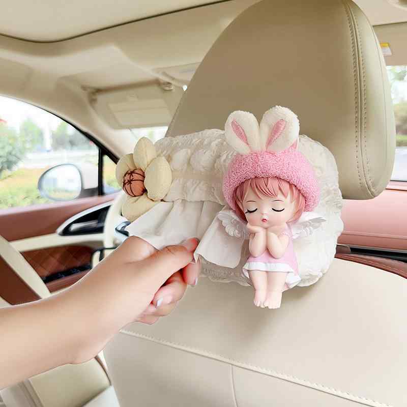 車載ティッシュケース かわいい 天使 ひまわり うさぎ耳 ふわふわ 布製 車内 シートバック アームレス..