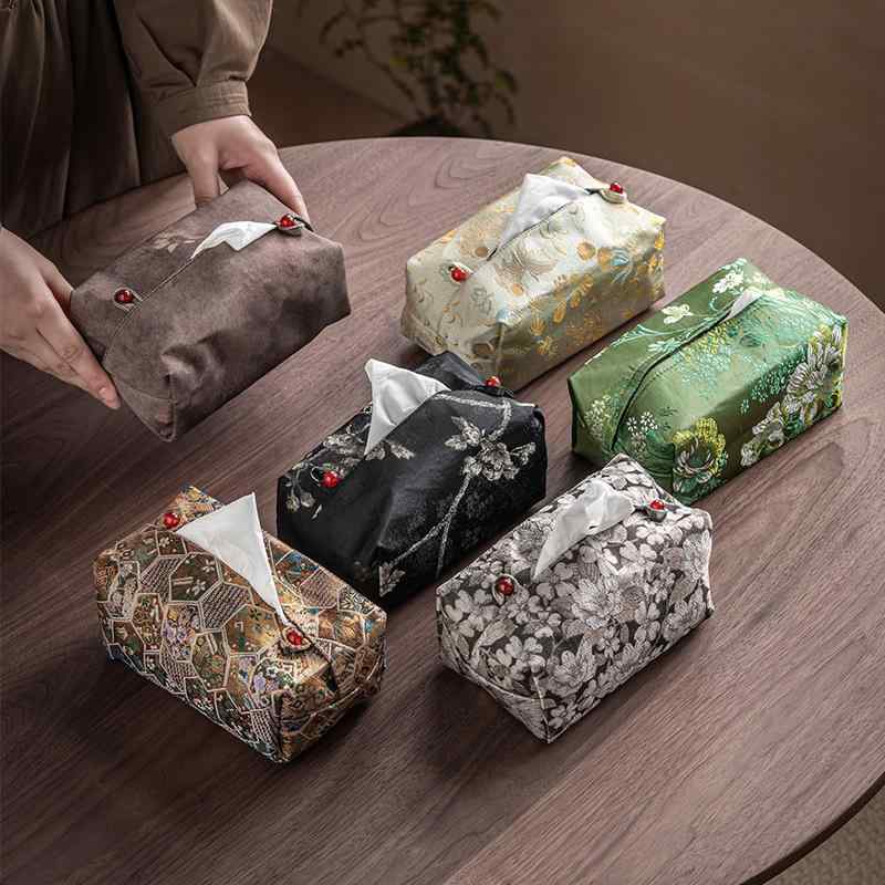 ティッシュケース 中華風 錦織り 布製 ファブリック 禅風 リビング 書斎 茶卓 卓上 家庭 収納 ティッシ..