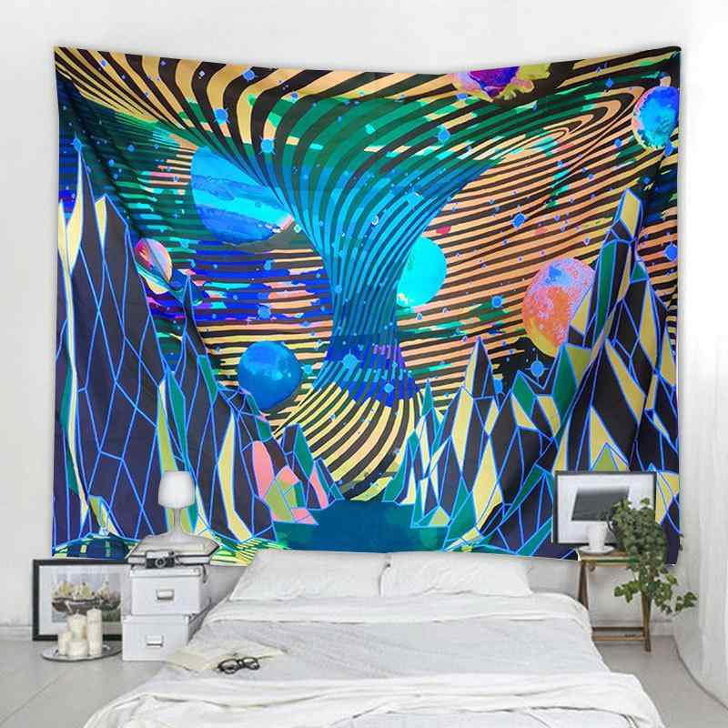 タペストリー 蛍光UV ブルーライト 惑星 山 プリント 壁掛け インテリア ファブリックポスター リビン..