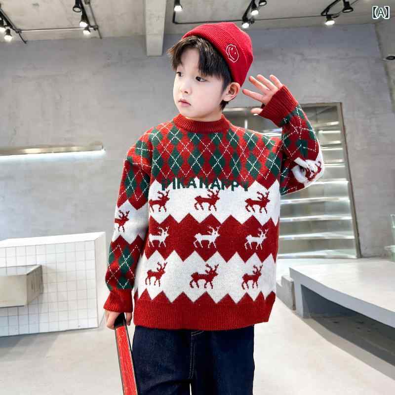 ニット 男の子 キッズ ジュニア クルーネック ゆったり 厚手 クリスマス 冬物 韓国風 アクリル 暖かい 通学 普段使い 赤