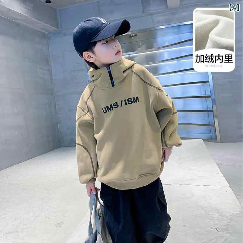 キッズ 男の子 パーカー 裏起毛 厚手 プルオーバー 長袖 おしゃれ スポーツ カジュアル スウェット 綿 コットン 冬服 冬物 ジュニア 小学生 中学生 通学 普段着 カーキ グレー