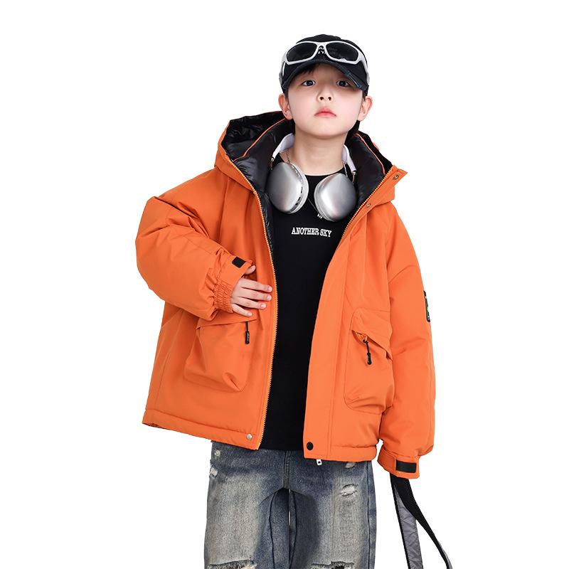 キッズ 男の子 ダウンジャケット ダウンコート 冬物 冬 スポーツ ワークジャケット ウインドブレーカー シェルジャケット バイカラー ツートンカラー フード付き 厚手 あったか 防寒 白鴨ダウン ブラウン ブラック オレンジ