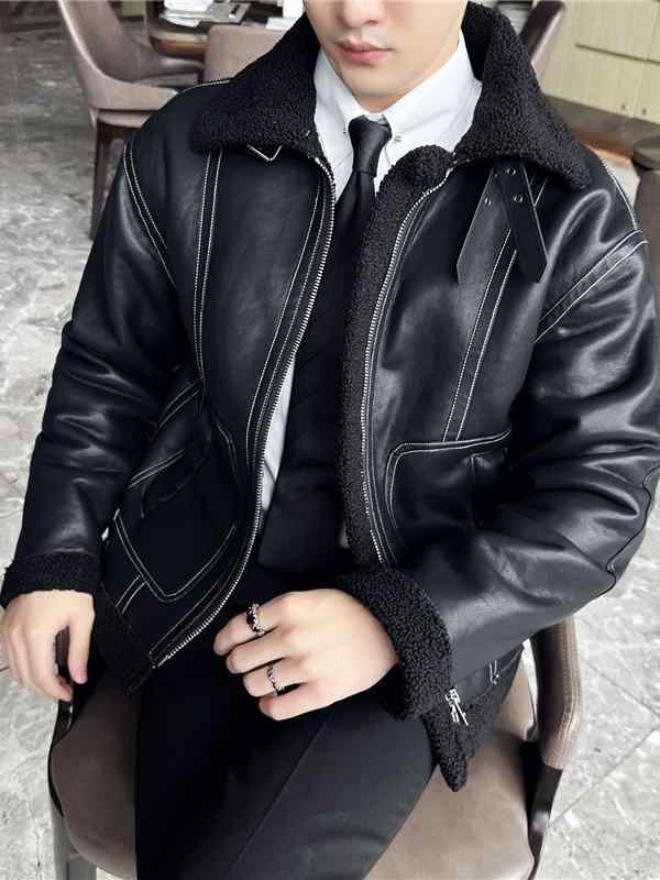 中綿ジャケット メンズ 厚手 フェイクファー一体型 PUレザー アウター 襟付き 防寒 保温 暖かい カジュアル 普段使い スリムフィット PUNKスタイル 冬 ブラック グレー