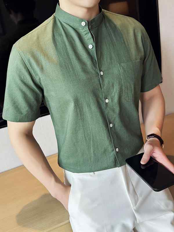 シャツ 男性用 中華風 半袖 スタンドカラー 麻 リネン 麻 薄手 軽量 通気性 涼しい 快適 スリムフィット きれいめ カジュアル 普段使い 通勤 白 青 黄