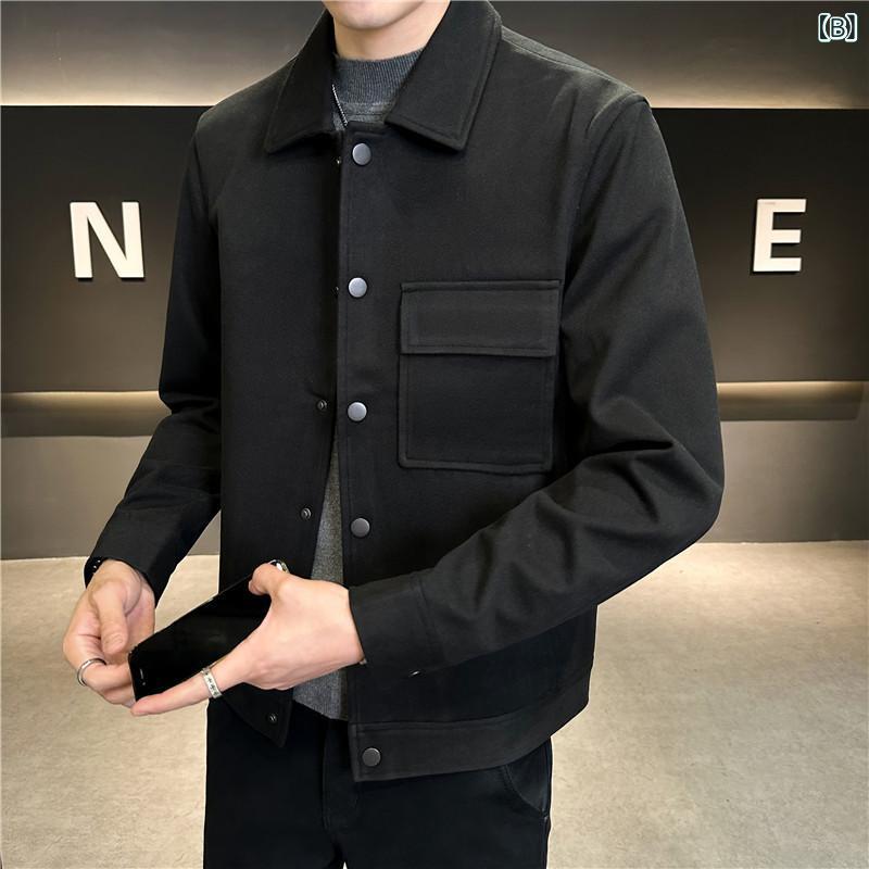 ジャケット メンズ ウール メルトン ショート丈 スリム 襟付き テーラードカラー ビッグポケット カジュアル 普段使い 韓国風 おしゃれ 厚手 化繊 ポリエステル 秋物 長袖 無地 こなれ感 大人かっこいい コーヒー 黒 杏
