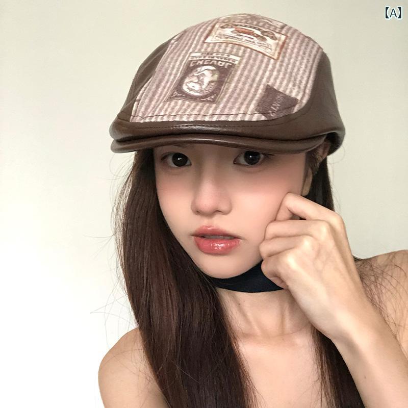 キャスケット レディース アメカジ ストリート プリント柄 PUレザー ハンチング帽 個性的 おしゃれ ブリティッシュ 万能 トレンド 春 オールシーズン 普段使い お出かけ 通気性 UV対策 ブラウン ブラック