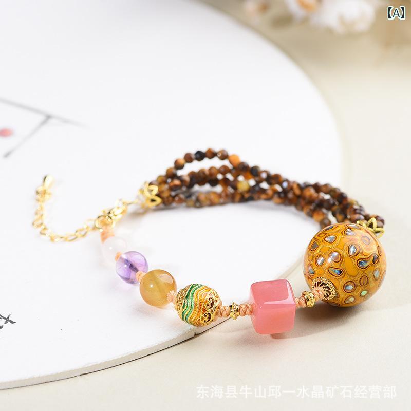 ブレスレット レディース 中国風 漆塗りビーズ 水晶 マルチストーン アメジスト 南紅瑪瑙 イエロータイガーアイ カット 数珠 腕輪 銅製