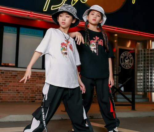 キッズ ダンス 衣装 子供服 練習着 レッスン ストリート ヒップホップ 子供 男の子 女の子 パフォーマンス ルース ブラック ホワイト