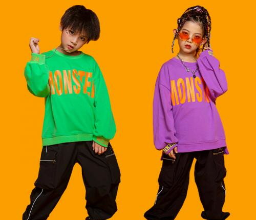 キッズ ダンス 衣装 子供服 練習着 レッスン ストリート ヒップホップ 子供 男の子 女の子 秋冬 ショー 服 ブラック グリーン パープル