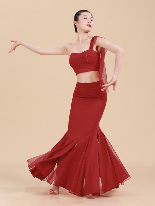 ダンス 衣装 レディース マーメイド ロング スカート 練習着 レッスン 社交ダンス ラテン フラメンコ ドレス 赤