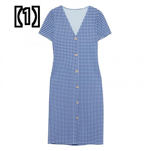 スカート ロング レディース ファッション かわいい レトロ ボタン 半袖 青 チェック柄 女性【1】青 / Sは約100-115に適しています【1】青 / Mは約116-125に適しています【1】青 / Lは約126-140に適しています