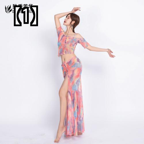 ベリーダンス 衣装 レディース ファッション レッスン着 服 女性 2022年 新しい メッシュ ツーピース スーツ 初心者 練習 スプリット ロング スカート