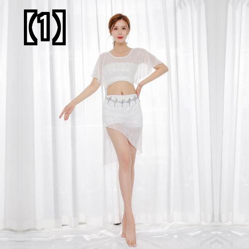 ベリーダンス 衣装 レディース ファッション レッスン着 オリエンタル ダンス 練習 スーツ 女性 2022年 初心者 メッシュ パフォーマンス 黒 白 赤 ショート スカート