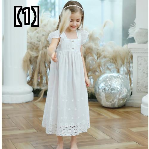 パジャマ 半袖 女の子 かわいい 寝巻 快適 ルームウェア ナイトウェア コットン ガールズ ロング ナイトドレス チルドレン サマー ノースリーブ ホームウェア