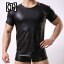 メンズ Tシャツ タイト パテント レザー ラウンド ネック 半袖 スポーツ トレンドファッション 黒