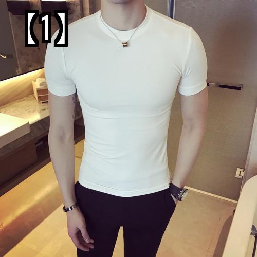 メンズ Tシャツ タイト メンズファッション トップス アウターウエア ぴったり フィット 半袖 韓国 スリム ボディ 無地 綿 白 グレー 黒 1