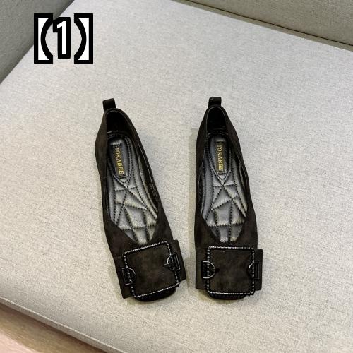 パンプス フラット シューズ レディース 2022年 春秋 スエード 浅口 スクエア バックル 黒 白 オレンジ 韓国