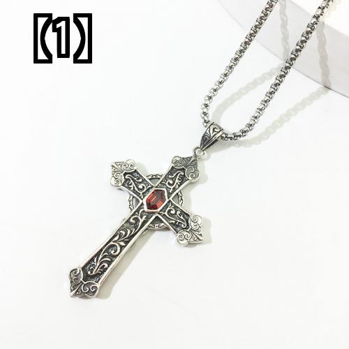 クロス ネックレス メンズ アクセサリー 十字架 ギフト レトロ ローマ 十字 欧米 ペンダント シルバー レッド ブラック