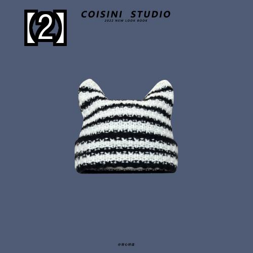 ニット帽 レディース 秋冬 韓国 耳 ウール 帽子 女の子 ストリート ボーダー おしゃれ