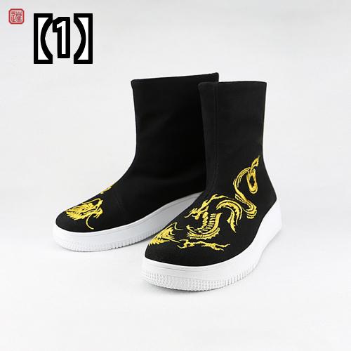 ブーツ メンズ 刺繍 靴 中国風 レトロ ラウンド ヘッド ハイカット スニーカー ミドル 個性的 春秋 ブラック