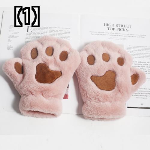 手袋 子供 指なし 2022 半指 猫 レディース 秋冬 学生 韓国 かわいい ぬいぐるみ 裏起毛 厚手 暖かい ピンク グレー ベージュ