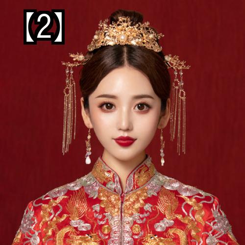 ヘッドドレス ウエディング アクセサリー ブライダル 髪飾り 頭飾り 中国風 宮殿 王冠 結婚式 タッセル ゴールド レッド ホワイト おしゃれ 2