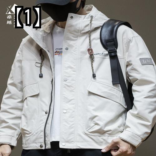 ジャケット メンズ アウター 春秋 ファッション ワーク ウェア カジュアル フード付き ベージュ 黒 カーキ