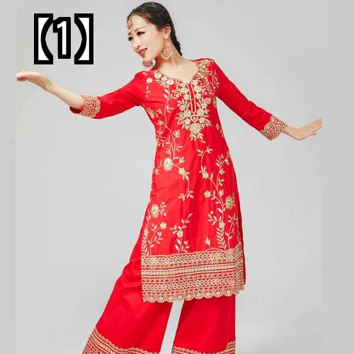 インド ダンス 衣装 レディース コスチューム レディース コットン 刺繍 サリー エスニック パフォーマンス 赤 紫 緑